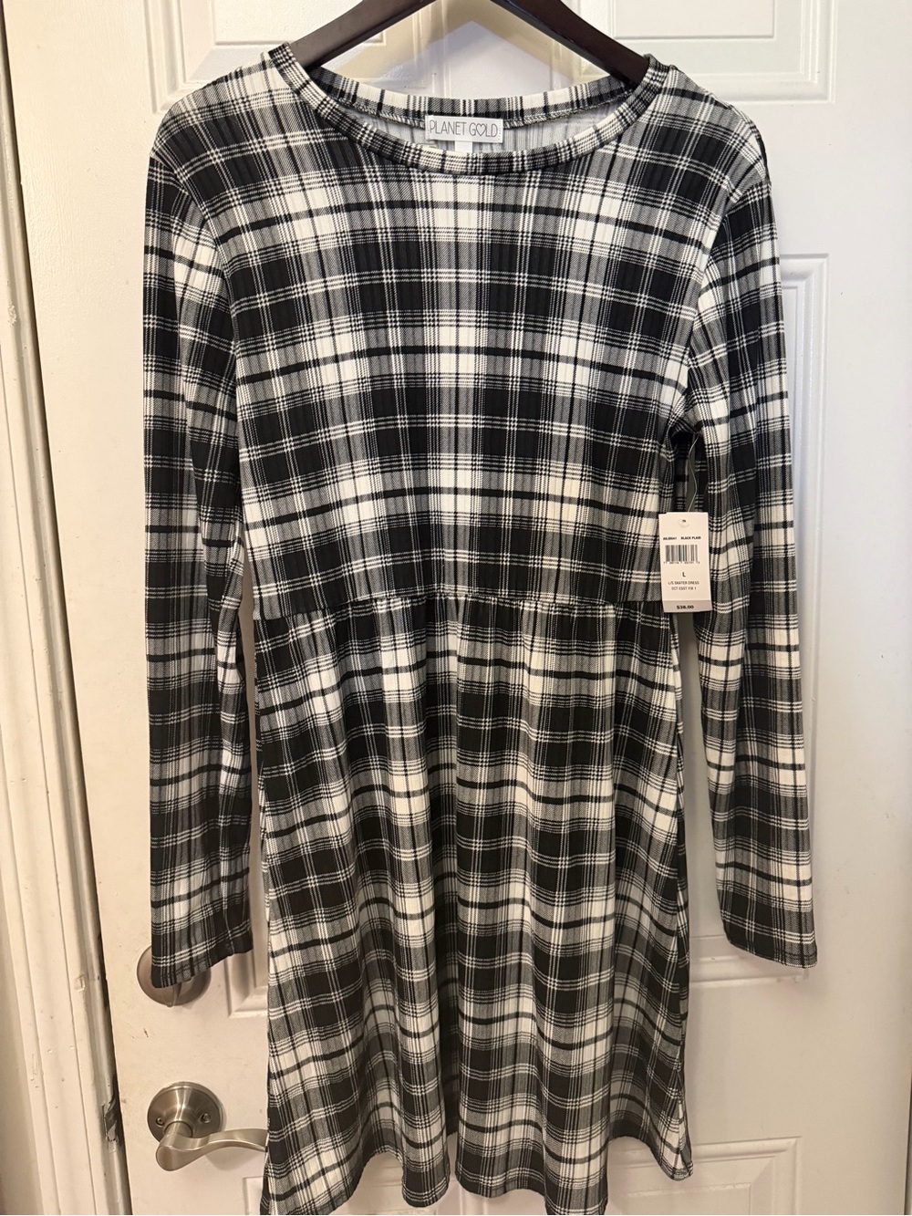 Planet Gold Black & White Plaid Long Sleeve Dress NWT fall dress NWT L winter
